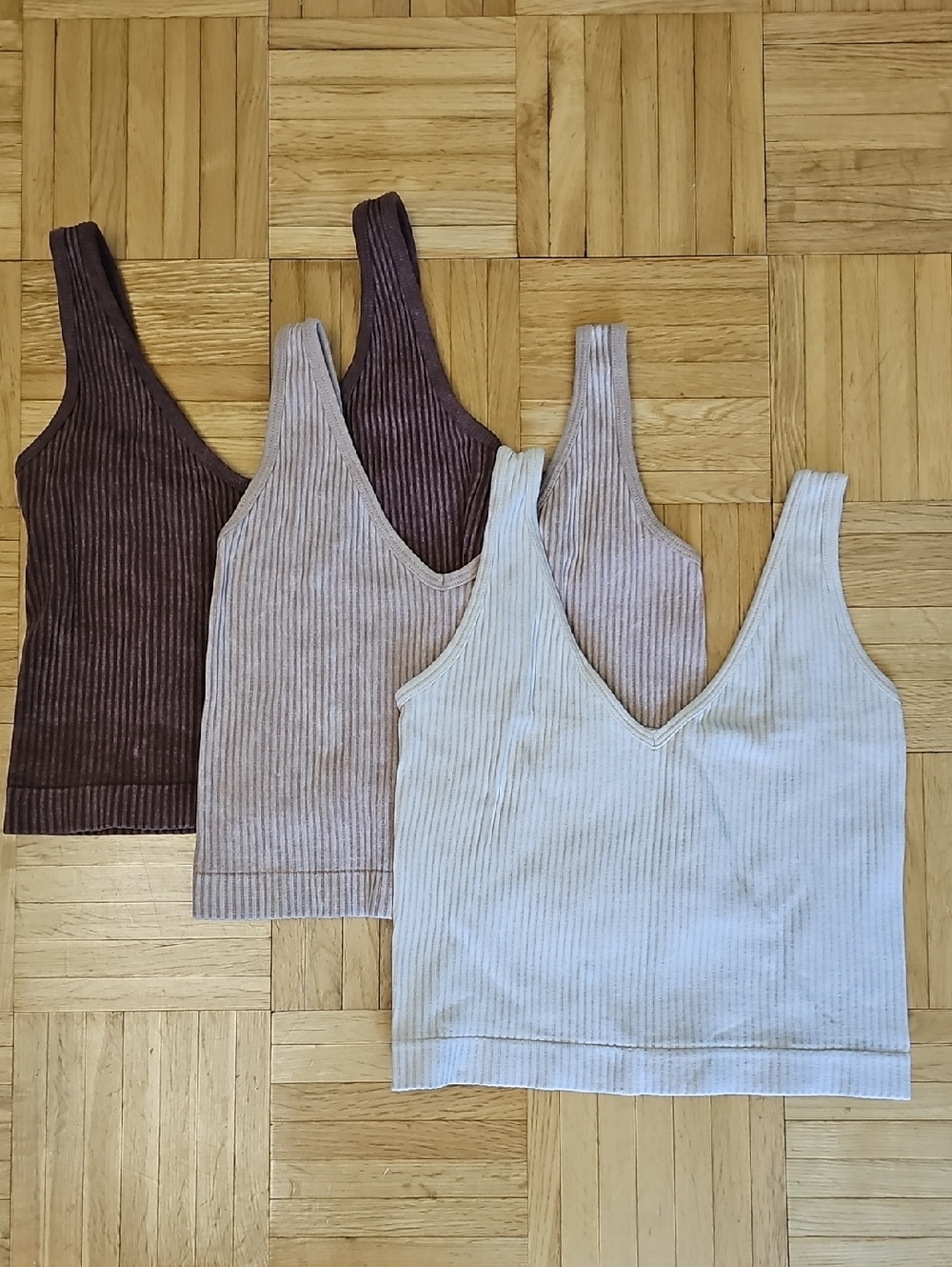Aura Ribbed V-Neck Cropped Tank Tops - Brown, Taupe, Cream (3-Pack), S/M